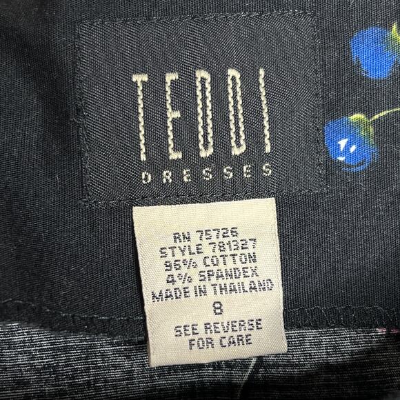 Vintage 90s Teddi Floral Butterfly Print Sleeveless Shift Dress Black Whimsigoth - Picture 3 of 7